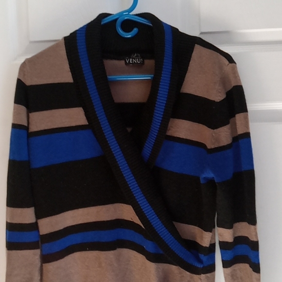 Retro Venus Sweater Dress Size L Stripes Black Blue Tan Striped Long Sleeve - Picture 4 of 9